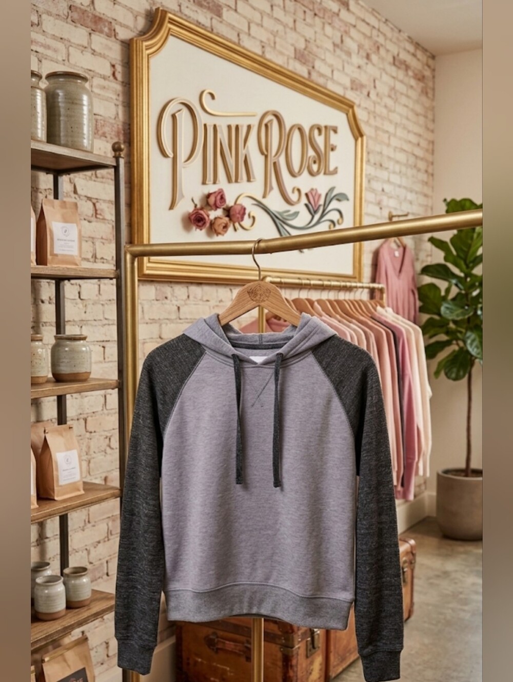 Pink Rose Grey Raglan Hoodie Lightly Cropped Sweatshirt Size L NWOT